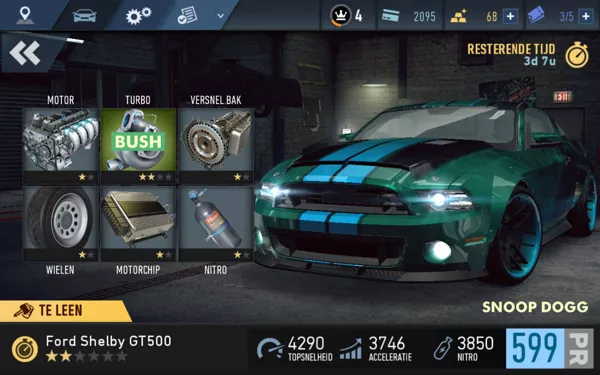 Need for Speed: No Limits Android The main upgrade screen for my car in the garage (Dutch version)