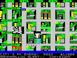 Ghostbusters ZX Spectrum Do you see that gluey stuff in cyan? That&#x27;s a &#x22;bait&#x22;. Those are meant to attract &#x22;Giant Marshmallow Sailors&#x22; out of buildings. 2 quarters are already on their way. (128K)