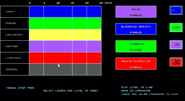 Visual Star Trek DOS Select length and level
