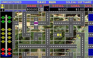 Taxi Run DOS The start of a game&#x3C;br&#x3E;The taxi is just to the right of centre in this screen. When it starts moving it will quickly run out of road&#x3C;br&#x3E;The person we&#x27;re to pick up cannot be seen