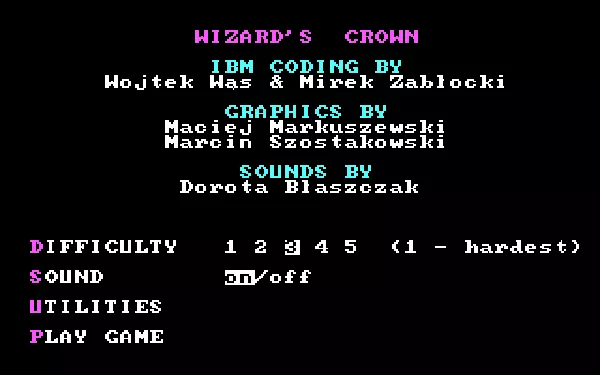Wizard&#x27;s Crown DOS The beginning screen -- note the option to select the difficulty level!