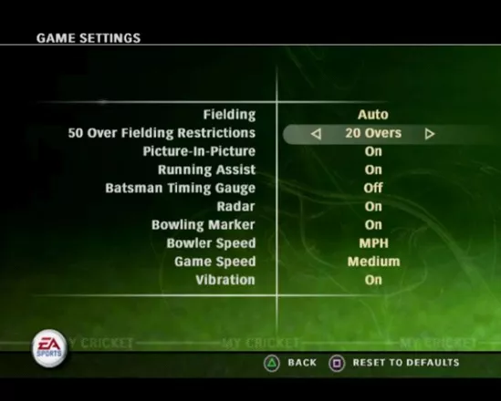 Cricket 07 PlayStation 2 The basic game configuration options