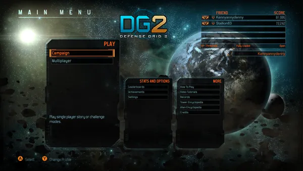 Defense Grid 2 Xbox One The main menu.