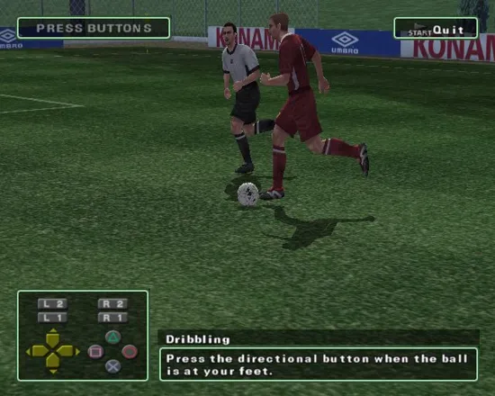 World Soccer: Winning Eleven 6 International PlayStation 2 A shot from one of the dribbling lessons. The game shows the player and then pauses here until the appropriate buttons are pressed