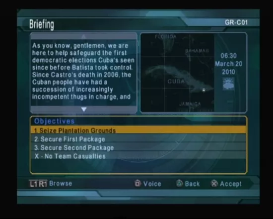 Tom Clancy&#x27;s Ghost Recon: Jungle Storm PlayStation 2 Mission briefing is fully voice-acted