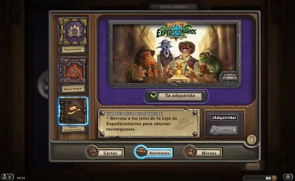 Hearthstone: Heroes of WarCraft Windows The shop, buying an adventure. Selected is the League of Explorers adventure.