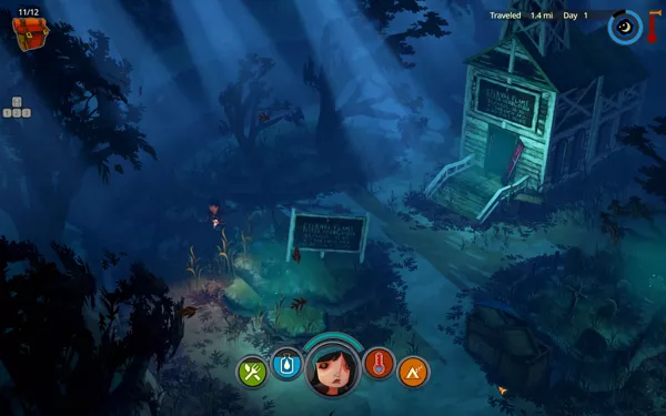 The Flame in the Flood Windows Exploring a settlement at night.