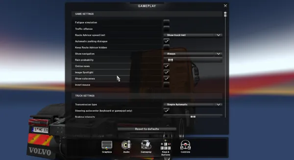Euro Truck Simulator 2 Windows Game preferences.