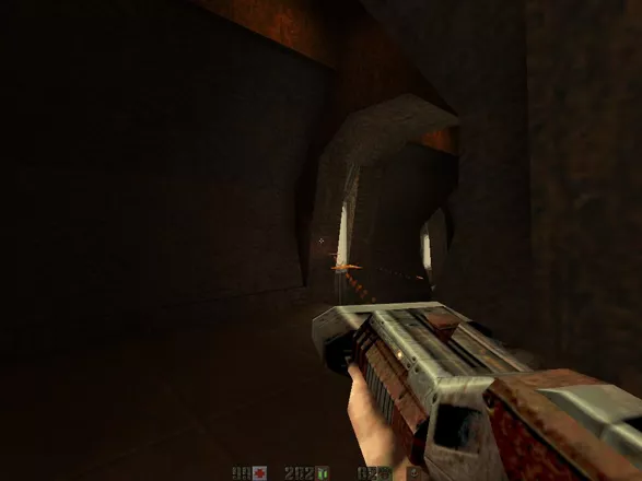 Quake II Mission Pack: The Reckoning Windows Ion Ripper in action. The projectiles bounce off of the wall to hit a hidden enemy.