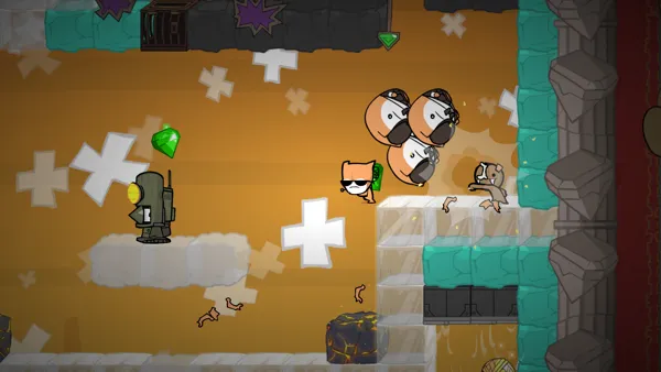 BattleBlock Theater Windows Brawl with cats and a gem burglar, while avoiding rockets fired by the robot