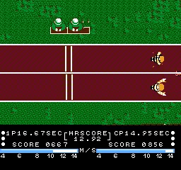 Decathlon NES Hurdles (demo). The winner rejoices, while the loser cries.
This race and the 100m/400m races have the same design.