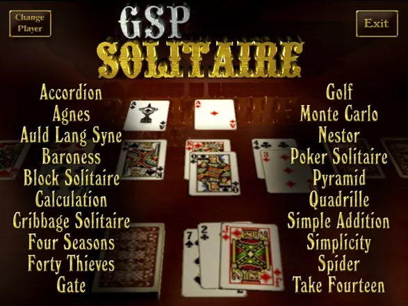 Solitaire Genius Windows The title and game selection screen