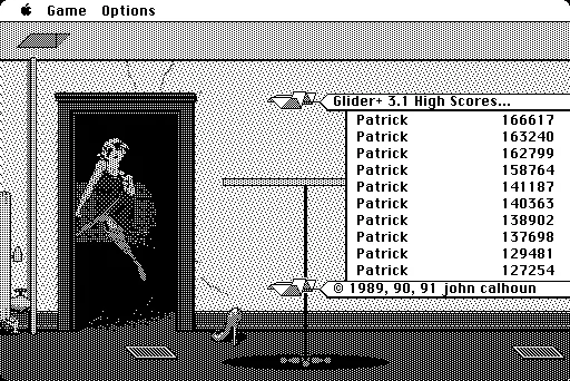 Glider Macintosh Start screen with high scores (v. 3.12)