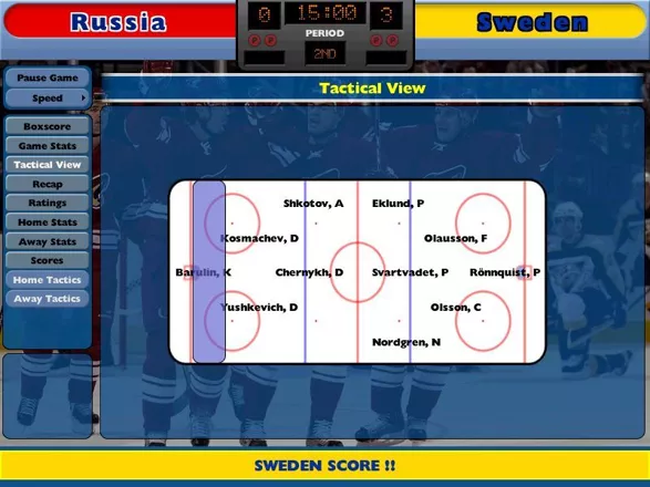 NHL Eastside Hockey Manager Windows There is no animation in this game. This is the Tactical match view. A commentary is shown at the bottom of the screen in the colours of the team being commented on