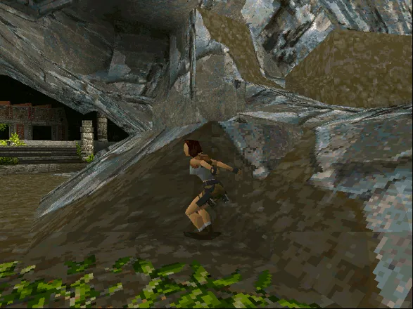 Tomb Raider DOS Lara is about to make a spectacular jump.