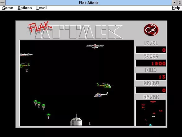 Fast Action Paq Windows 3.x Flak Attack: Demo version&#x3C;br&#x3E;This does not look good. Lots of paratroopers coming down and no ammo left!