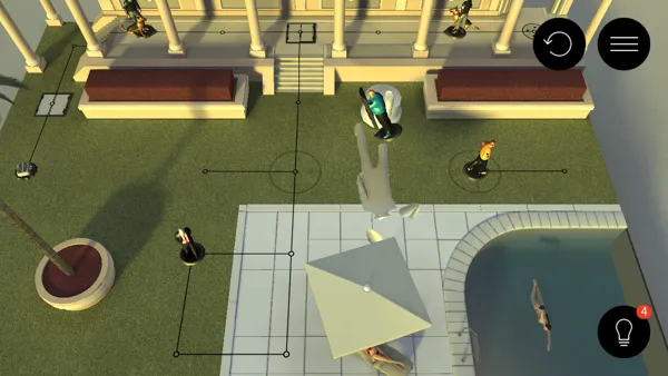Hitman GO Android Hitting the statue to block an enemy and make a passage