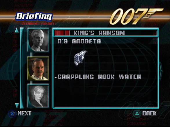 007: The World is Not Enough PlayStation Briefing screen.