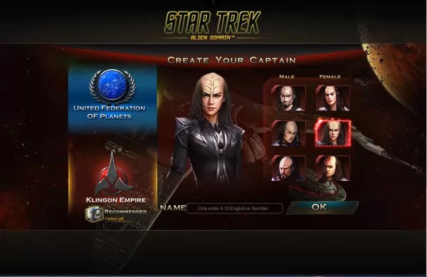 Choosing a faction. Each faction (Klingon or Federation) have six avatars (three men and three women). 