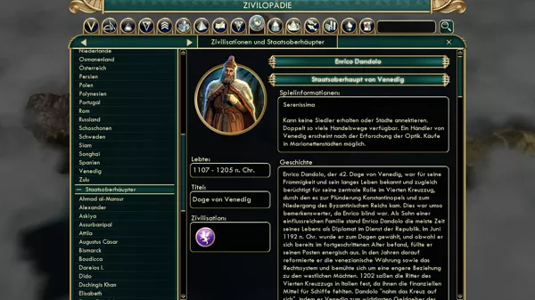 Sid Meier&#x27;s Civilization V: Brave New World Windows These are the information about the Venice Leader.