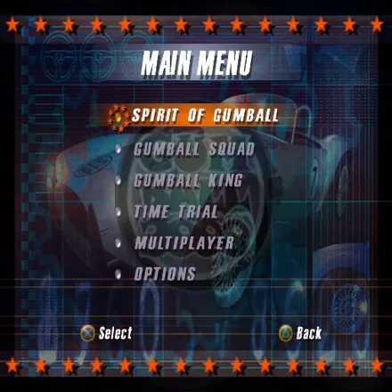 Gumball 3000 PlayStation 2 The main menu