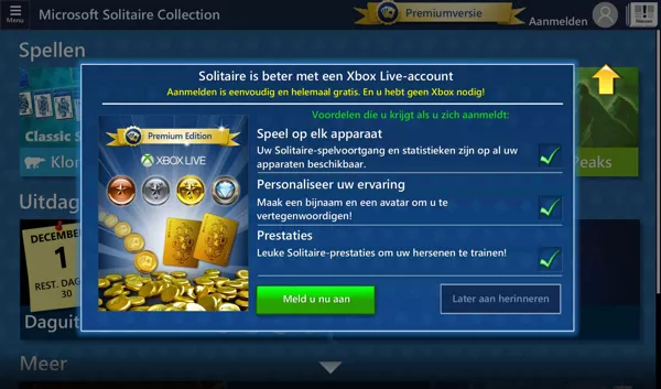 Microsoft Solitaire Collection Android It is possible to log in using an Xbox Live account (Dutch version).