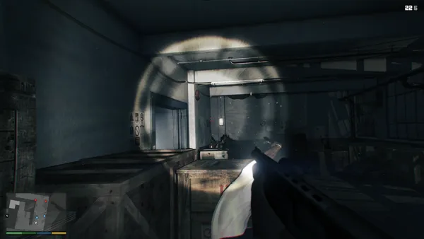 Grand Theft Auto V Windows First-person gun fight. Modded shotgun with flashlight.