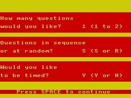 Answer Back Junior Quiz ZX Spectrum Once questions have been entered, or an add-on pack has been loaded, the player can generate a quiz.&#x3C;br&#x3E;This is the second, and last, configuration screen