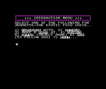 For Your Thighs Only ZX Spectrum The character interaction menu&#x3C;br&#x3E;James starts the game in a bath with Jeanette, this screen is made available by the EXAMINE JEANETTE command