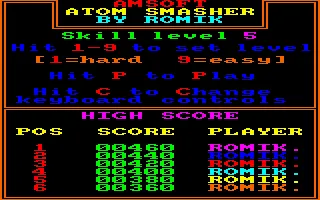 Atom Smasher Amstrad CPC Main menu