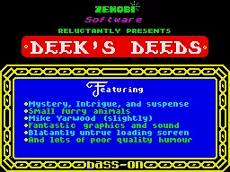 Deek&#x27;s Deeds ZX Spectrum Title screen for Zenobi&#x27;s releasse of this game