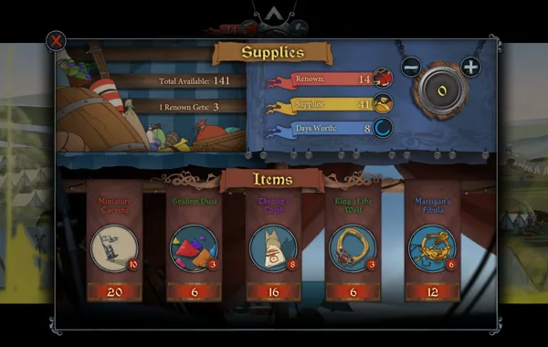 The Banner Saga 2 Windows Spend your &#x22;renown&#x22; currency to get either supplies or some stat-boosting trinket. 