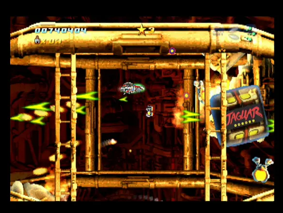 Sturmwind Dreamcast Vertically-descending scrolling level with blocks falling on you; one of the blocks features a Jaguar logo