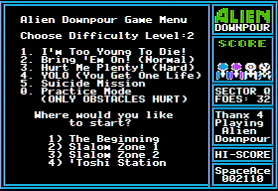Alien Downpour Apple II Game options