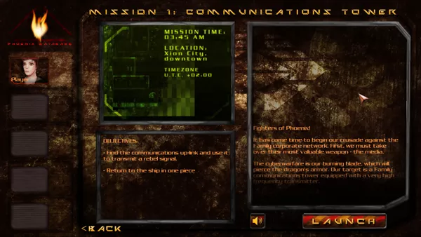 Neurotron Windows Main menu and the mission selection screen. Briefing for the first mission. 