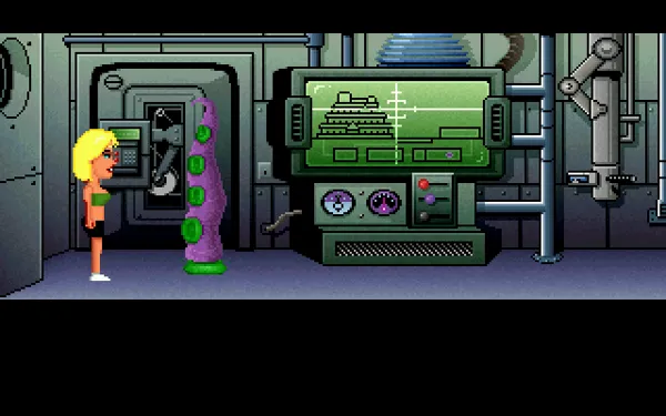 Maniac Mansion Deluxe Windows Sandy and Purple Tentacle in Dr. Fred&#x27;s secret lab