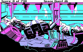 Space Quest III: The Pirates of Pestulon DOS Starting your adventure in a garbage freighter. (CGA - 4 color mode)