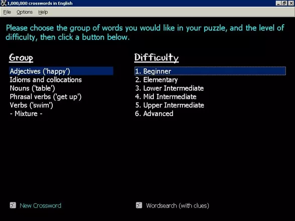 1,000,000 Crosswords Windows The initial game selection screen, here the player selects the kind of game they wish to play. The same choices can also be made from within the game 