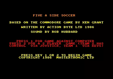 Five-a-Side Soccer Amstrad CPC Title screen