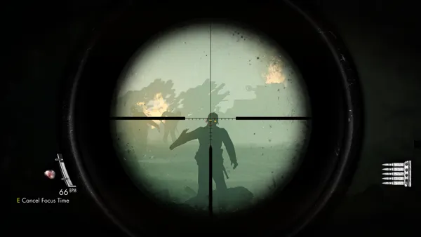 Sniper Elite: Nazi Zombie Army Windows Focus Time slows down time and also gives you a guide to help you compensate for the loss in accuracy caused by the distance your target is at.