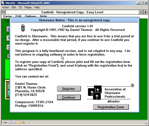 Canfield Windows 3.x The game starts with a shareware reminder screen