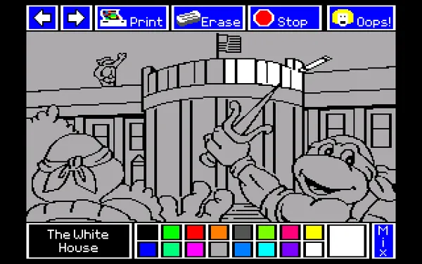 Electric Crayon Deluxe: Teenage Mutant Ninja Turtles: World Tour DOS The TMNT &#x26; the mostly unpainted White House. (VGA)