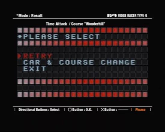 R4: Ridge Racer Type 4 PlayStation Selection screen after a race