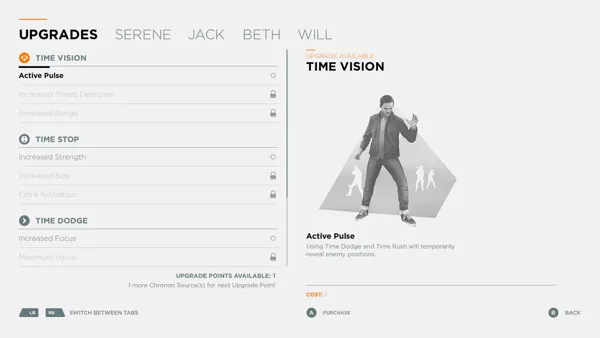 Quantum Break Xbox One By collecting chronon sources scattered around you can exchange them to upgrade your special powers