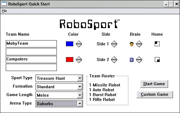 RoboSport Windows 3.x Customizing a game in the quick start menu.