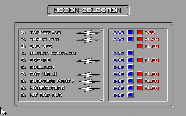 688 Attack Sub DOS Mission selection screen