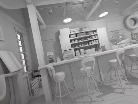 Summer Lesson: Miyamoto Hikari - Seven Days Room PlayStation 4 Looking around the textureless cafe