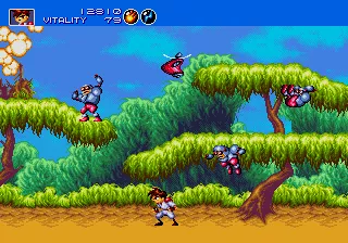 Gunstar Heroes Genesis a range of enemies attack from all sides of the level