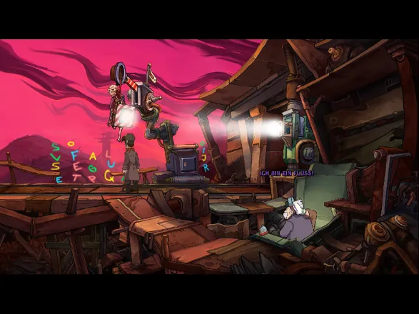 Deponia Windows Doc is teaching Rufus how to meditate - when he&#x27;s in trance, the background changes like this.