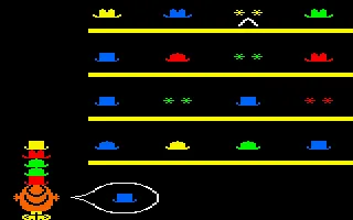 First Steps with the Mr. Men Amstrad CPC &#x22;Mr. Silly&#x27;s Hat Game&#x22;; When you&#x27;ve found a matching hat, a * * will appear that corresponding to the color of that hat